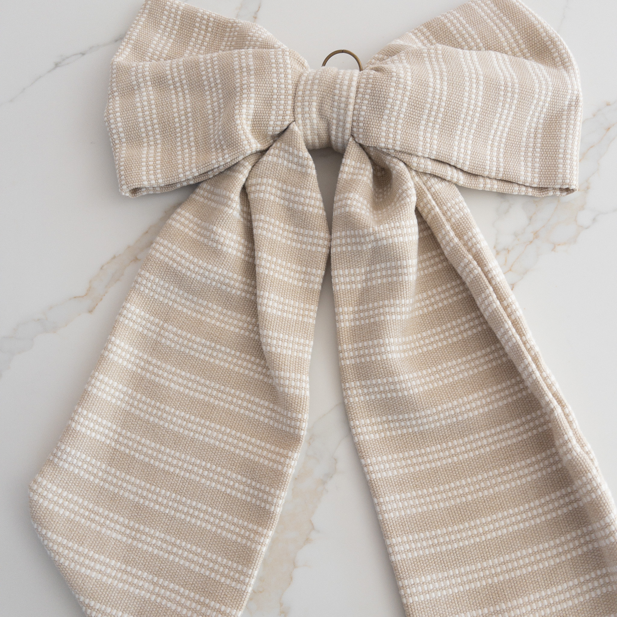 X-Large Handmade Fabric Bow Beige Dotted Stripe