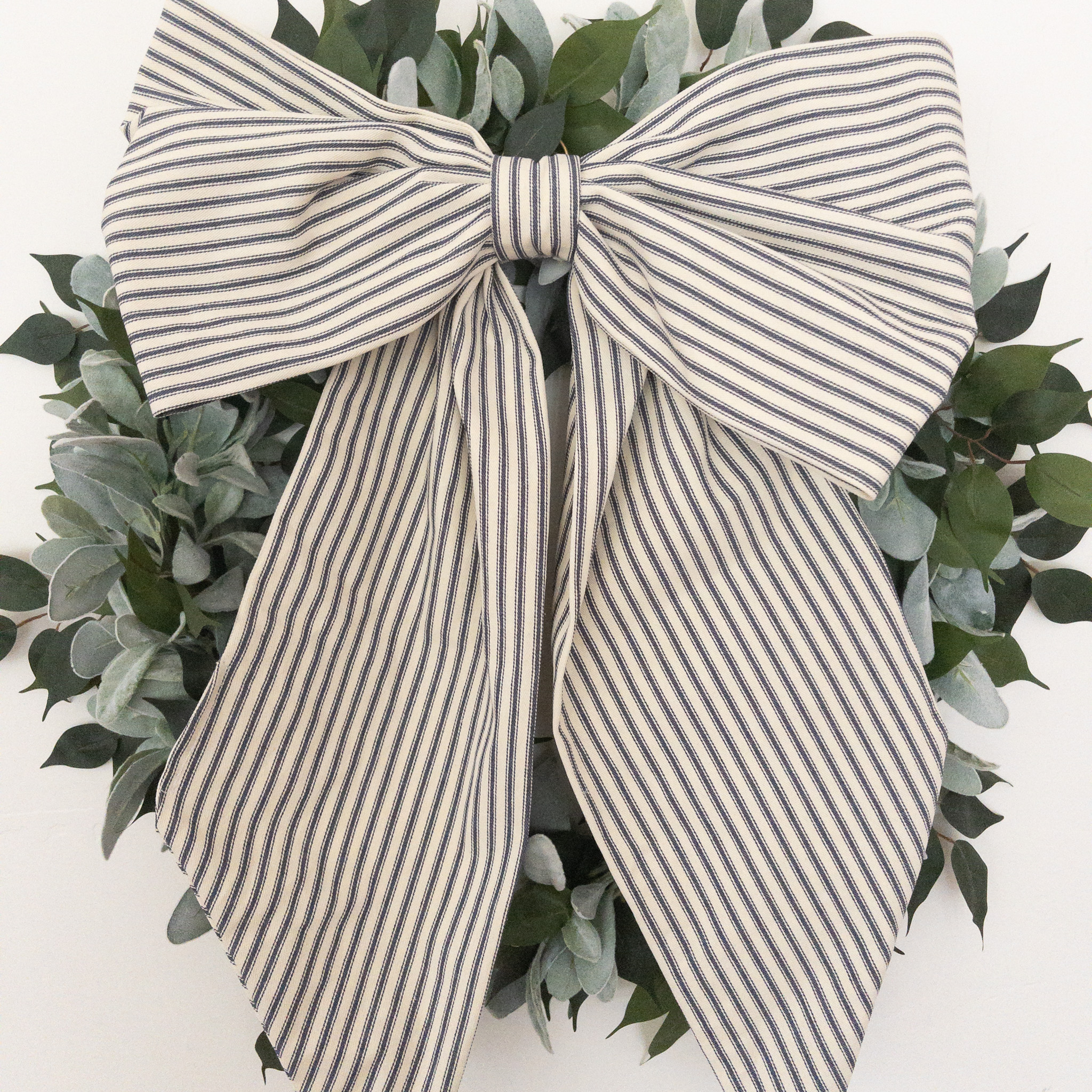 X-Large Handmade Fabric Bow Farmhouse Ticking Stripe