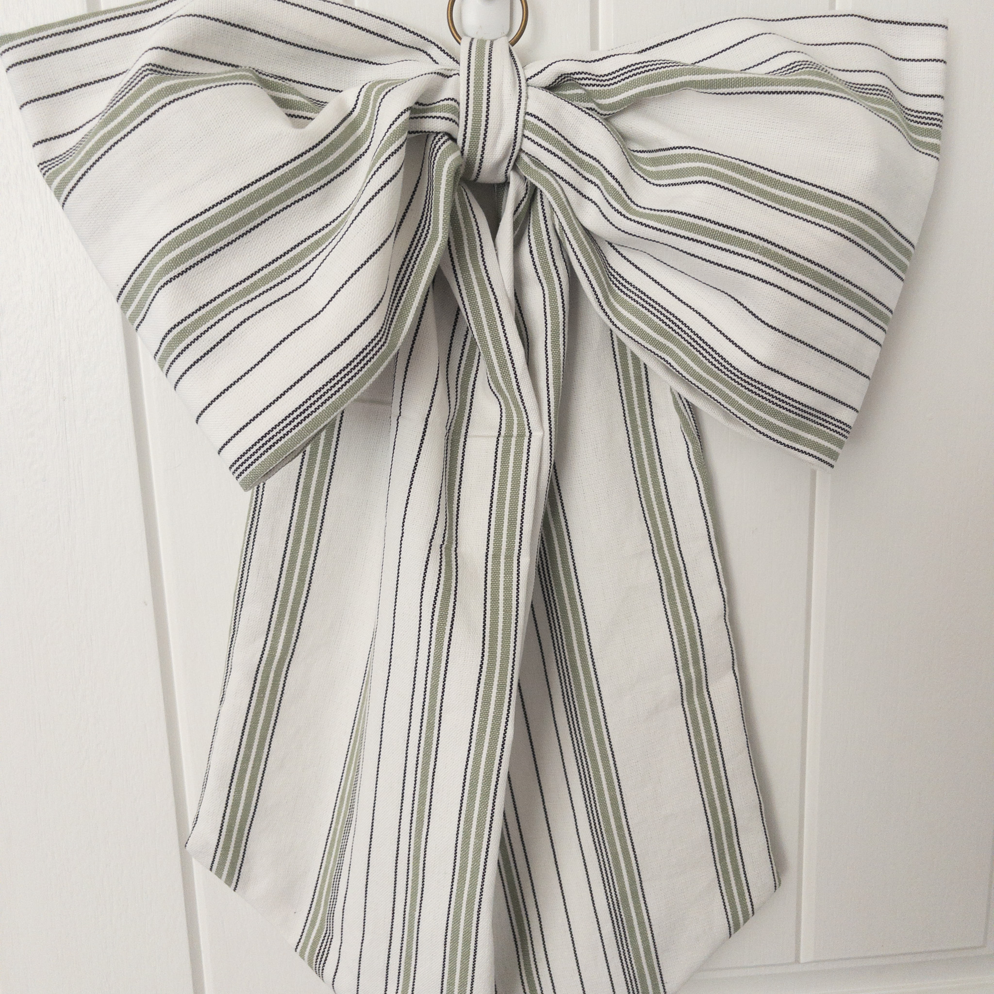 X-Large Handmade Fabric Bow Sage Green and Black Stripe - Image 2