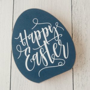 Navy blue Happy Easter wooden egg